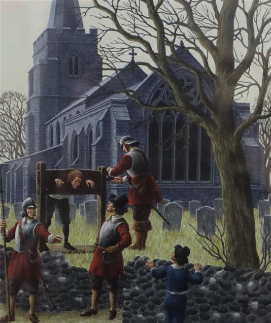 Justin Todd (b.1932), gouache and watercolour, Roundheads putting a figure in stocks by a church, signed, 16.5 x 14cm